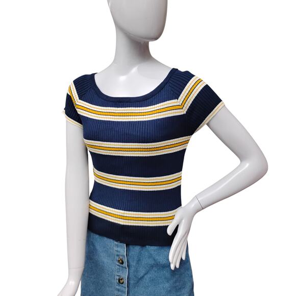 L.A. Hearts Ribbed Blouse Striped Blue and Yellow Size Large Short Sleeve - Picture 2 of 7